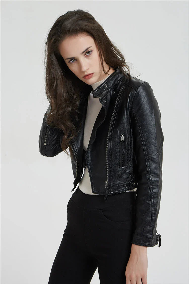 Stylish women's short jacket with washed leather and rivet detailing, perfect for elevating your street style in New Zealand fashion.