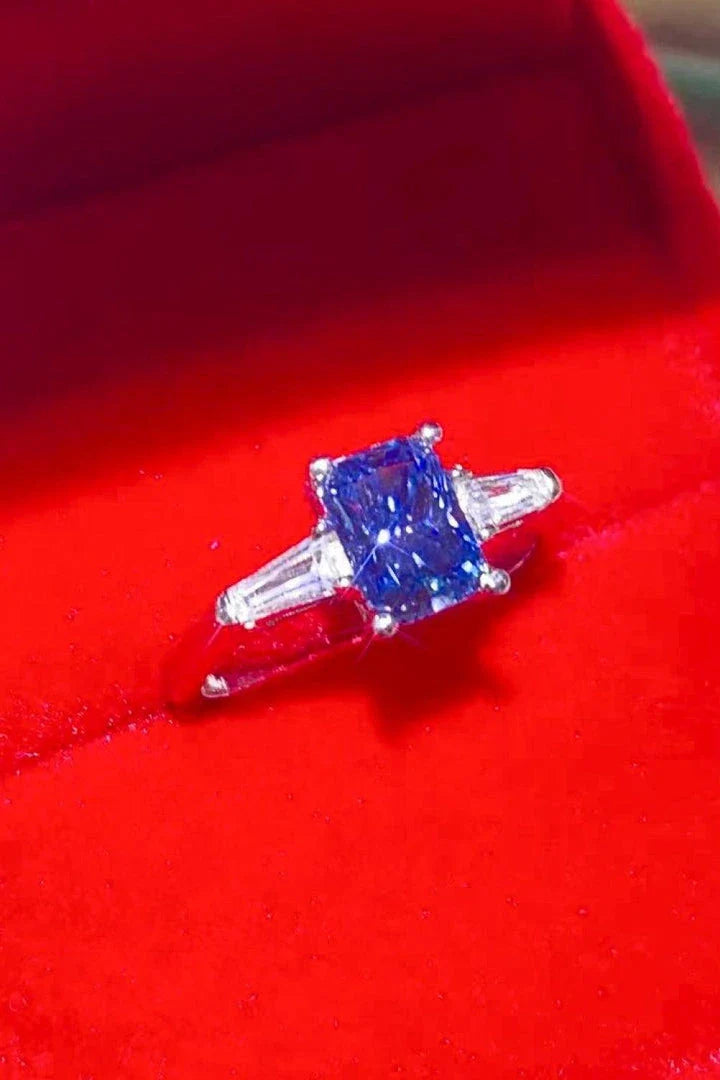 Elegant 1 Carat Moissanite Platinum-Plated Blue Rectangle Ring with Zircon Accent Stones