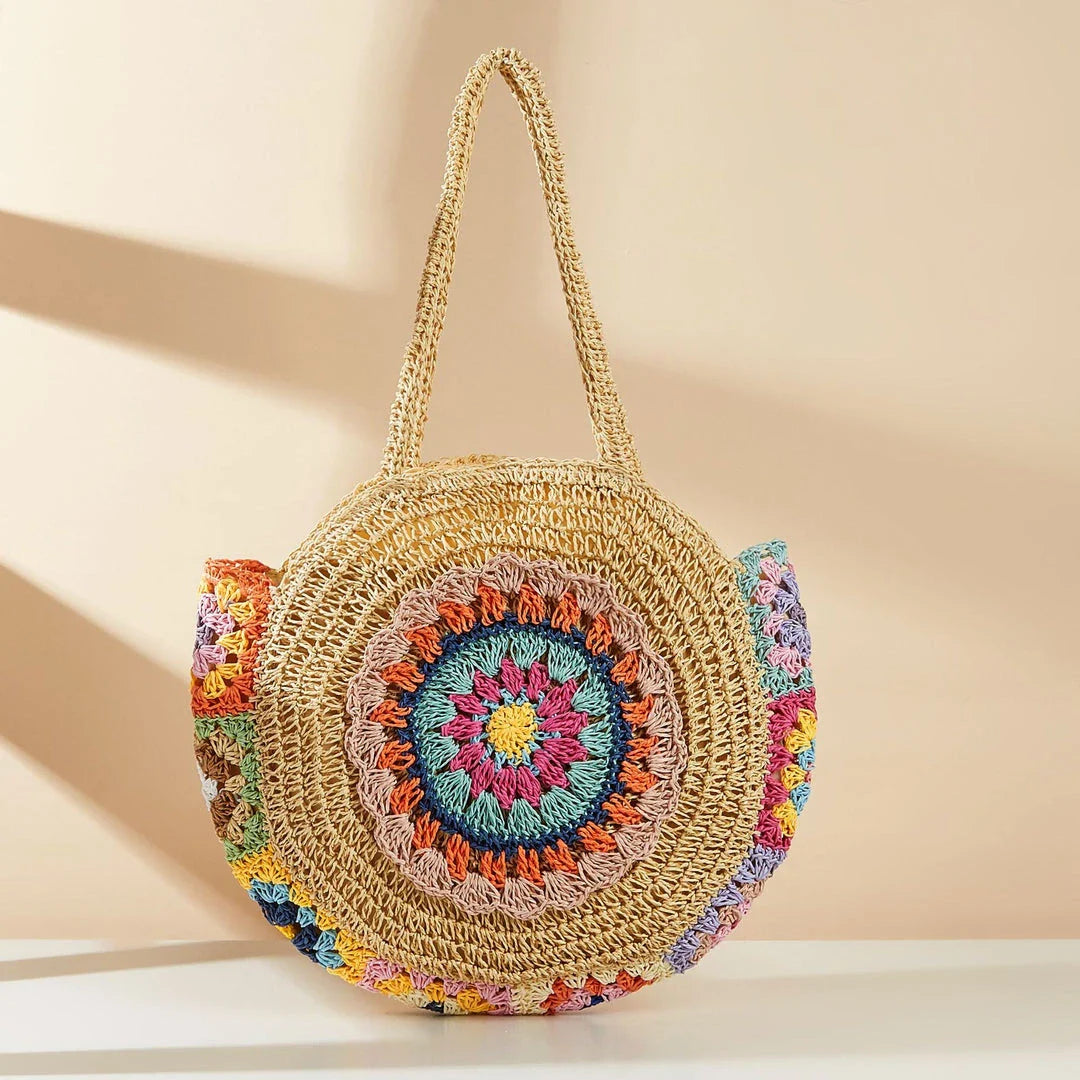 Colorful woven casual beach shoulder bag with unique crochet design and vibrant stripes