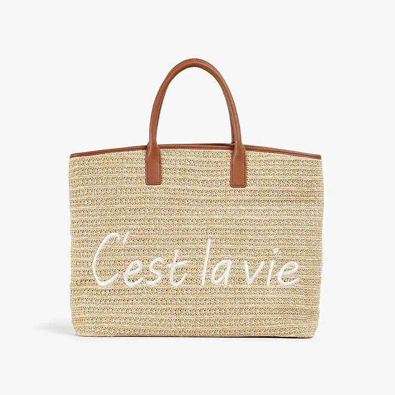 Stylish straw tote bag with trendy letter decoration, perfect for Kiwi women's casual summer style