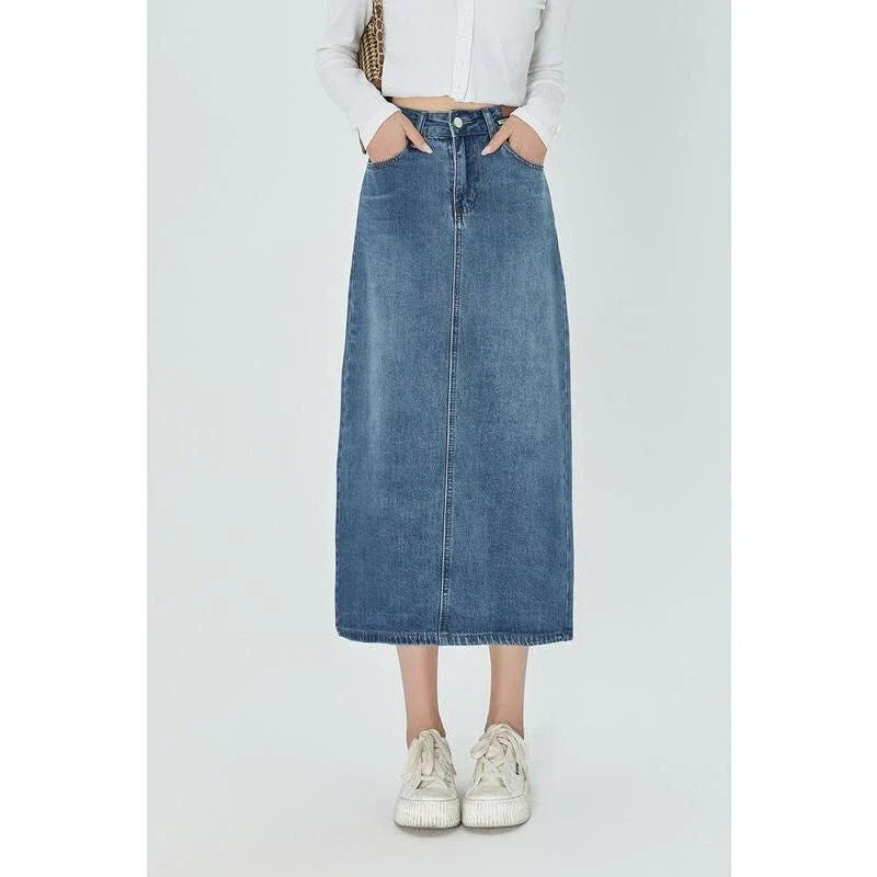 Timeless and Comfortable Kiwi-Chic A-Line Midi Denim Skirt - A versatile and stylish denim skirt with a classic A-line silhouette and mid-calf length