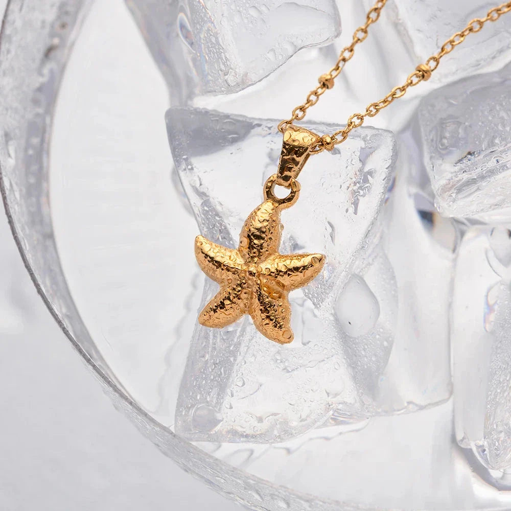 18K gold plated starfish pendant necklace with tarnish-proof stainless steel construction for timeless seaside elegance