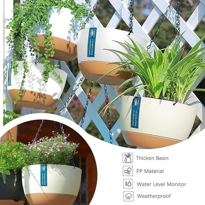 A set of modern, durable hanging flower pots in a natural, uncoated finish for indoor or outdoor use