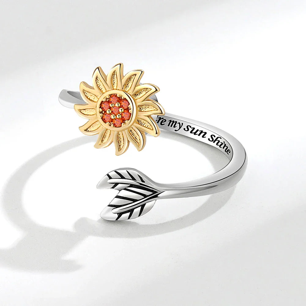 Sunflower-inspired adjustable ring made from premium silver with an electroplated finish