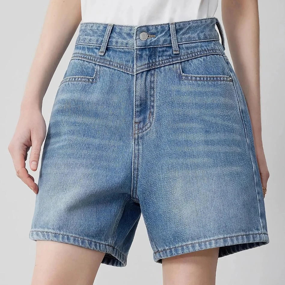 High-waisted denim shorts for women, featuring a straight-leg cut, practical pockets, and premium cotton construction for durability and comfort.