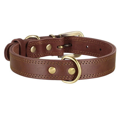 Adjustable leather dog collar in brown, designed for medium to large breeds, featuring a padded interior for comfort and a sturdy construction for active dogs.