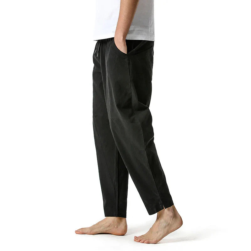 Kiwi-made casual trousers in a linen-cotton blend, featuring a relaxed, straight-leg fit and a variety of classic Kiwi colours.