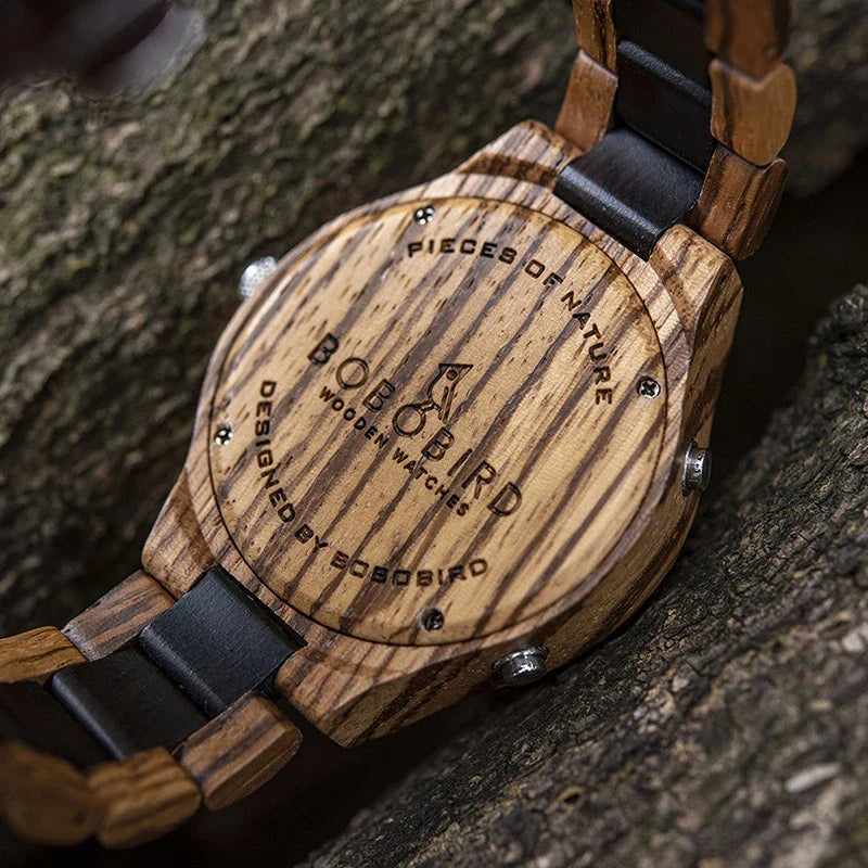 A close-up view of a stylish wooden watch with a minimalist design, showcasing the natural beauty of the wood material.