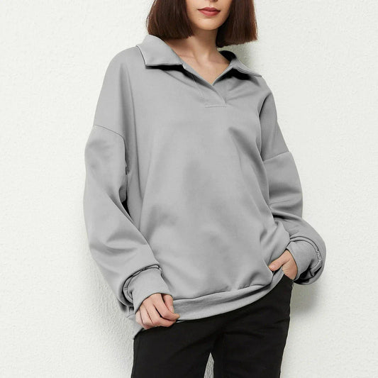 Stylish and cozy oversize pullover in gray, featuring a turn-down collar and relaxed fit for all-day comfort and effortless style.