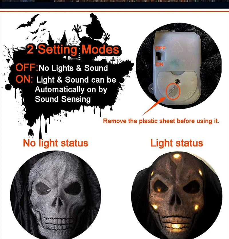 Voice-activated Halloween hanging ghost with glowing eyes, spooky lighting, and creepy sound effects