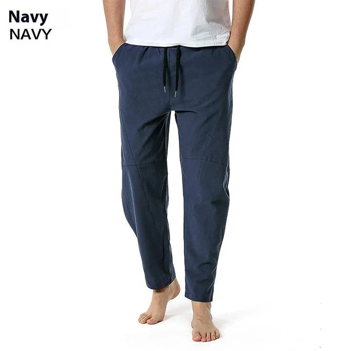 Kiwi-made casual trousers in a linen-cotton blend, featuring a relaxed, straight-leg fit and a variety of classic Kiwi colours.