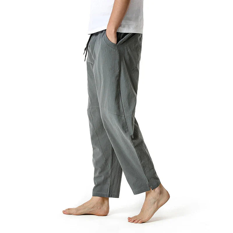 Kiwi-made casual trousers in a linen-cotton blend, featuring a relaxed, straight-leg fit and a variety of classic Kiwi colours.