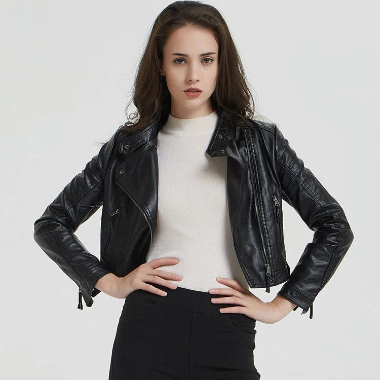 Stylish women's short jacket with washed leather and rivet detailing, perfect for elevating your street style in New Zealand fashion.