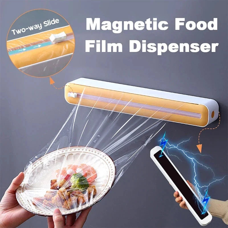 Versatile magnetic kitchen wrap dispenser with slide cutter for managing cling film, foil, and baking paper in a Kiwi kitchen