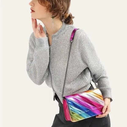 Stylish striped flap handbag with chic metal chain in vibrant colours, perfect for everyday use and special occasions.