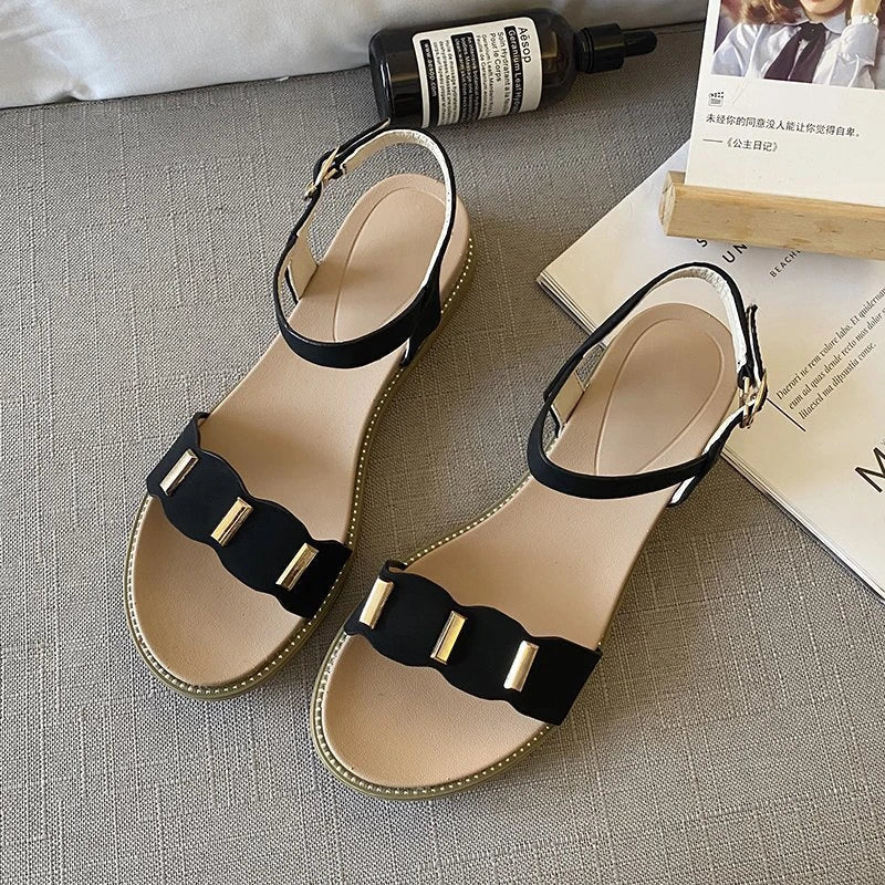 Stylish flat sandals with unique one-word buckle design, available in black, green, and beige colors