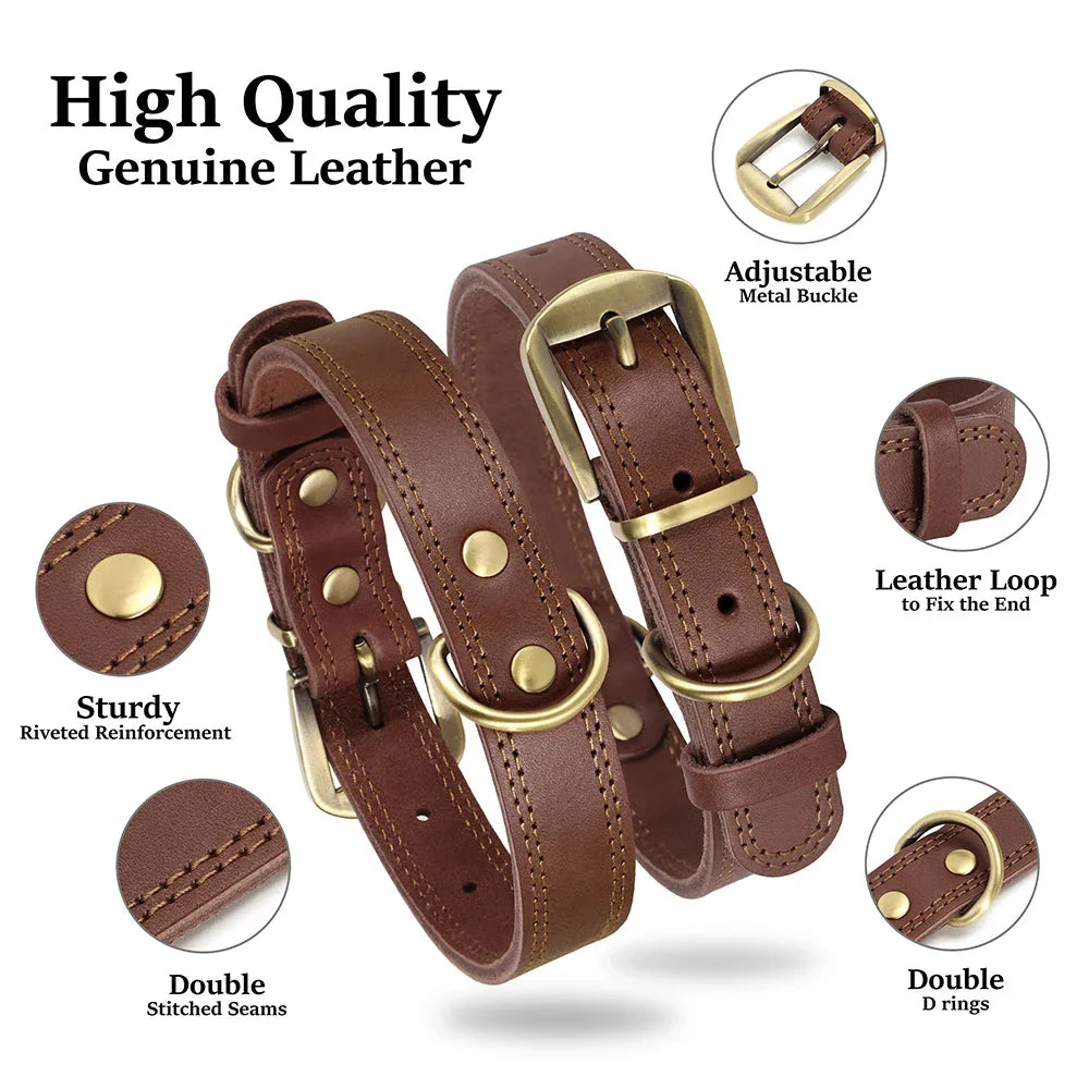 Adjustable leather dog collar in brown, designed for medium to large breeds, featuring a padded interior for comfort and a sturdy construction for active dogs.