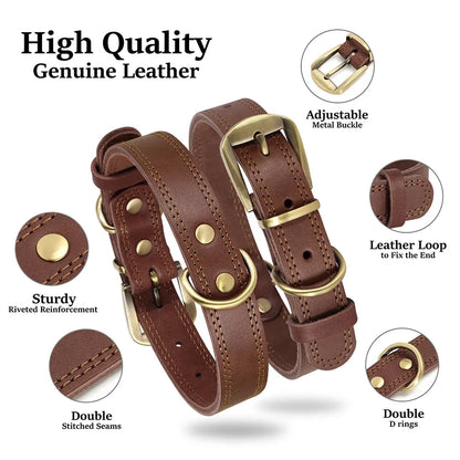 Adjustable leather dog collar in brown, designed for medium to large breeds, featuring a padded interior for comfort and a sturdy construction for active dogs.