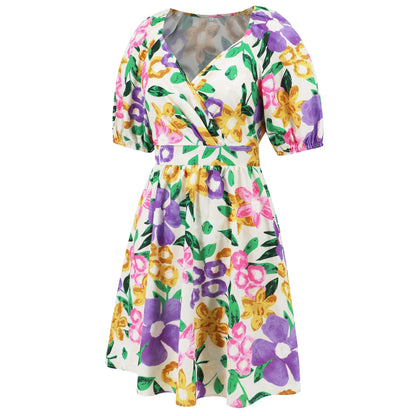 Floral print Y2K summer beach dress with lantern sleeves, v-neck, and stretchy waistline