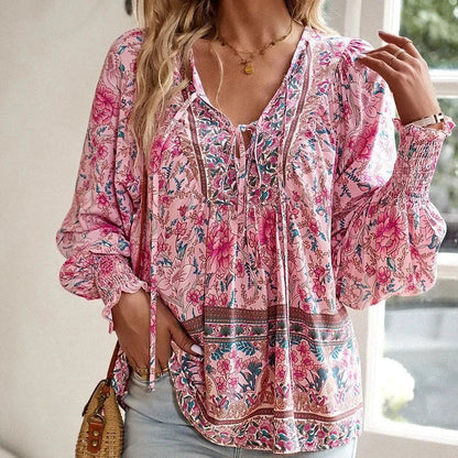 Bohemian V-Neck Long Sleeve Top featuring a classic paisley pattern, soft cotton-poly blend fabric, and flattering v-neck design