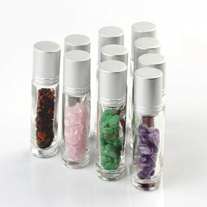 10ml Natural Gemstone Essential Oil Roller Bottles with Jade Rollers and Crystal Chips