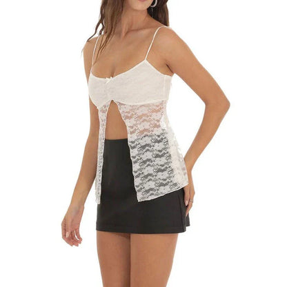 Whimsical floral lace camisole top with charming bow accent and slit hem design, perfect for Kiwi women's summer style