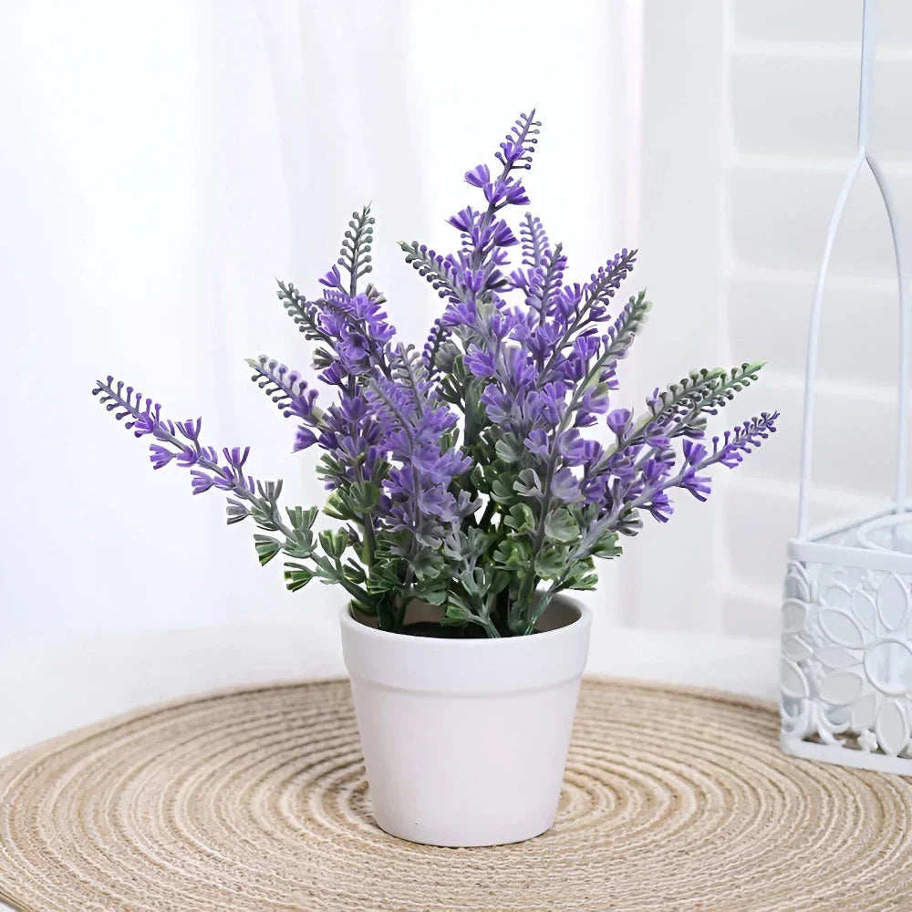 Artificial lavender arrangement in a rustic iron flower basket, creating a serene and natural décor piece for the home