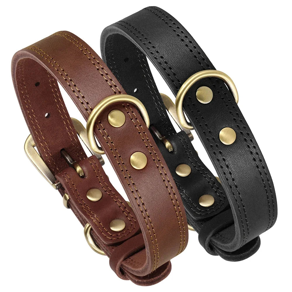 Adjustable leather dog collar in brown, designed for medium to large breeds, featuring a padded interior for comfort and a sturdy construction for active dogs.