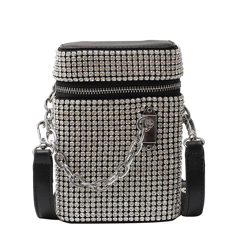 Rhinestone-embellished black messenger bag with adjustable shoulder strap and zipper closure for secure storage