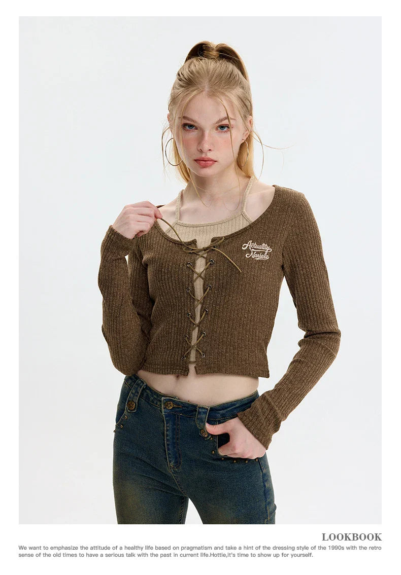 Stylish knitted cardigan with embroidered accent in gray and coffee colors, featuring a cosy, long-sleeved design and relaxed, short fit for women