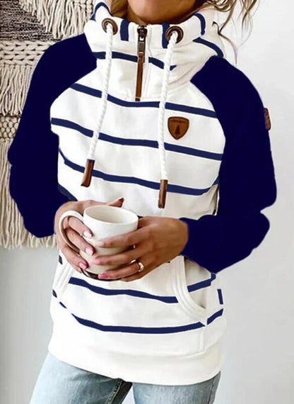 A cosy, striped long sleeve jumper in a modern colour-blocking design, perfect for New Zealand's cool climate.