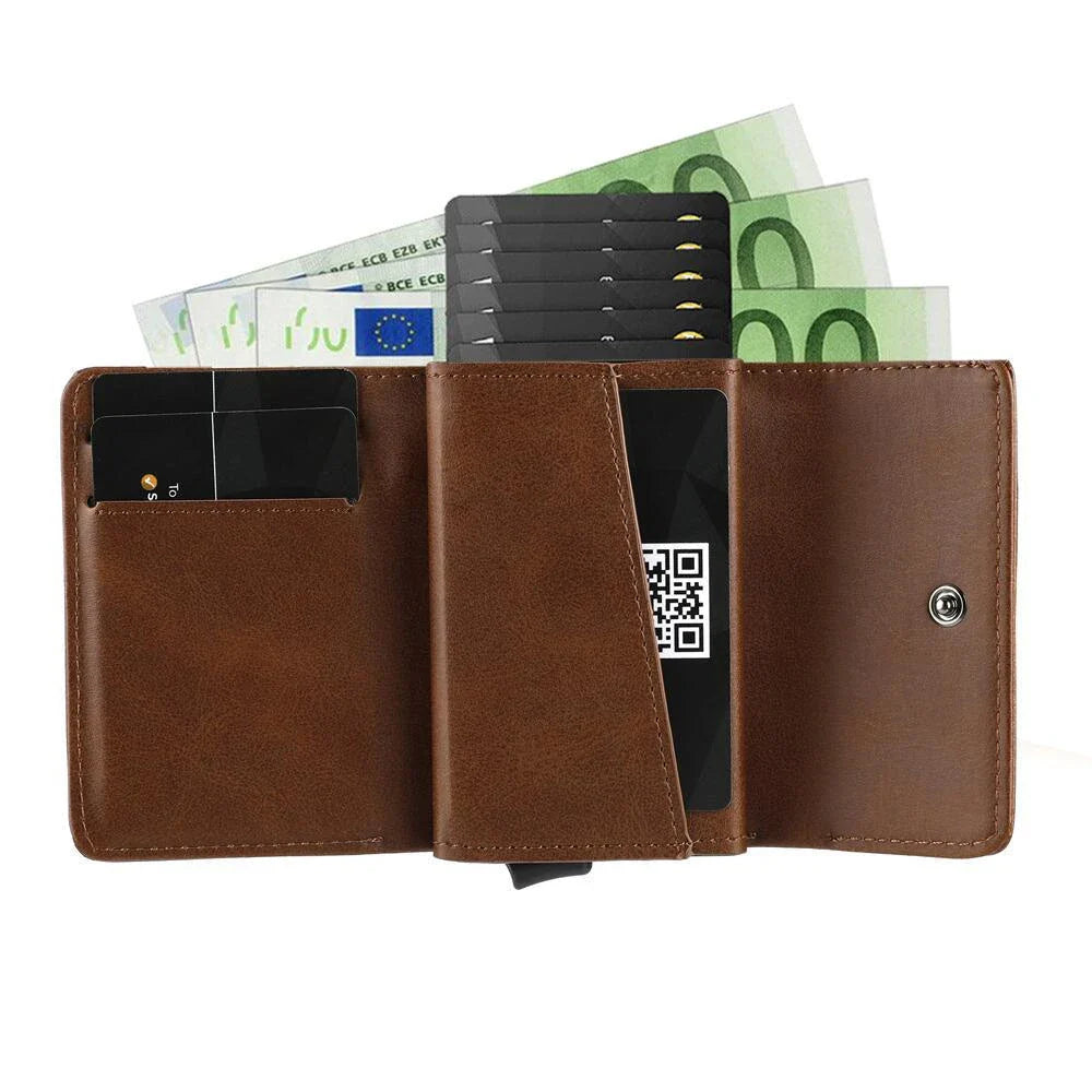 A stylish tri-fold wallet made of premium PU leather, featuring a magnetic buckle closure and available in a range of classic Kiwi-approved colors.