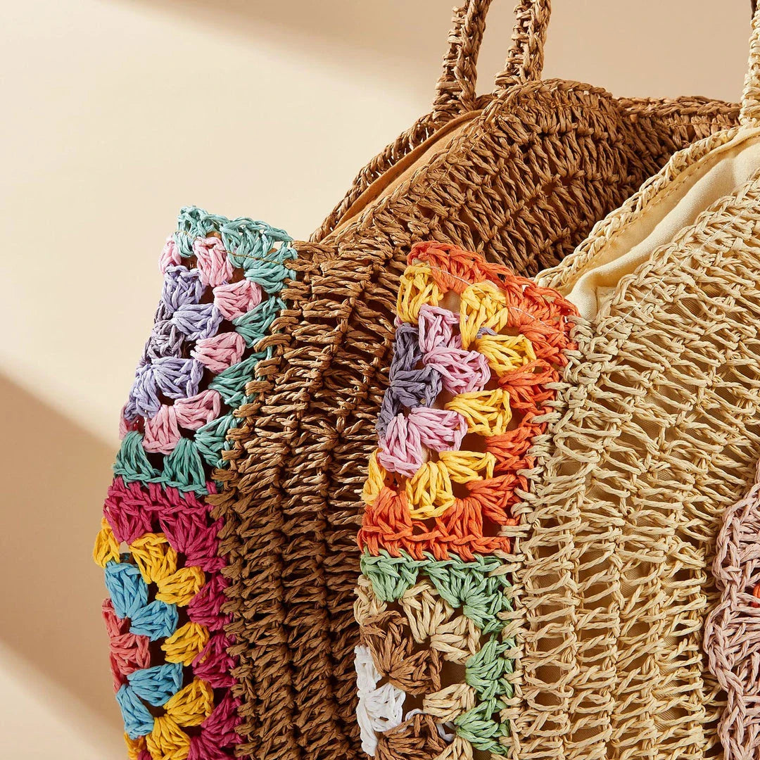 Colorful woven casual beach shoulder bag with unique crochet design and vibrant stripes