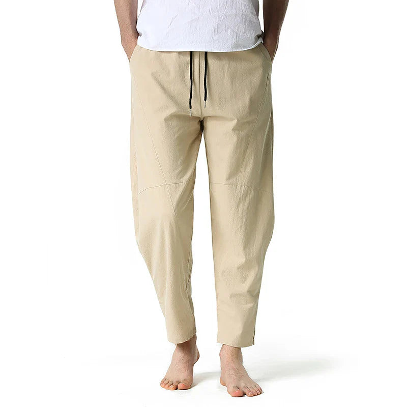 Kiwi-made casual trousers in a linen-cotton blend, featuring a relaxed, straight-leg fit and a variety of classic Kiwi colours.