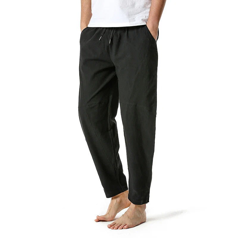 Kiwi-made casual trousers in a linen-cotton blend, featuring a relaxed, straight-leg fit and a variety of classic Kiwi colours.