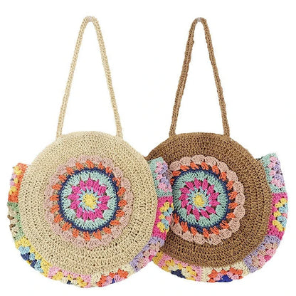 Colorful woven casual beach shoulder bag with unique crochet design and vibrant stripes