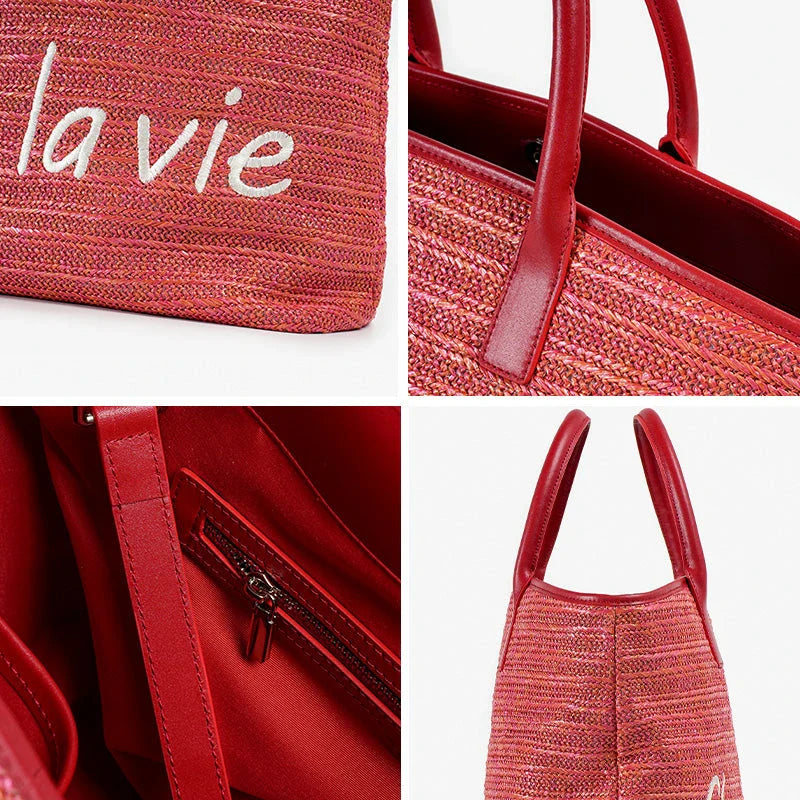 Stylish straw tote bag with trendy letter decoration, perfect for Kiwi women's casual summer style