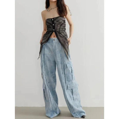 Stylish tie-dye straight-leg denim pants with high-waist design and practical pockets