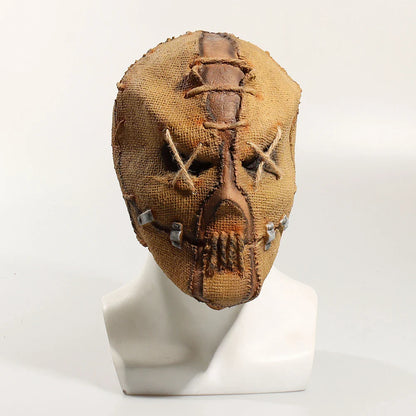 A lifelike, terrifying Halloween horror latex mask with a bleeding sack skull design