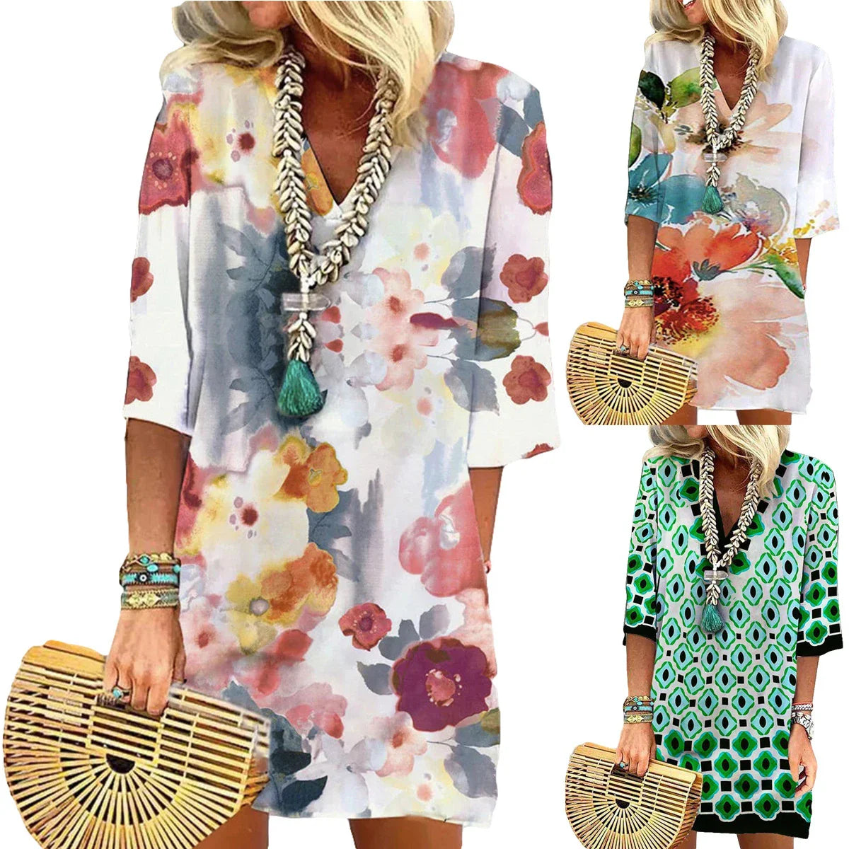 Vibrant watercolour floral dress with flattering half sleeves, perfect for the Kiwi woman's wardrobe