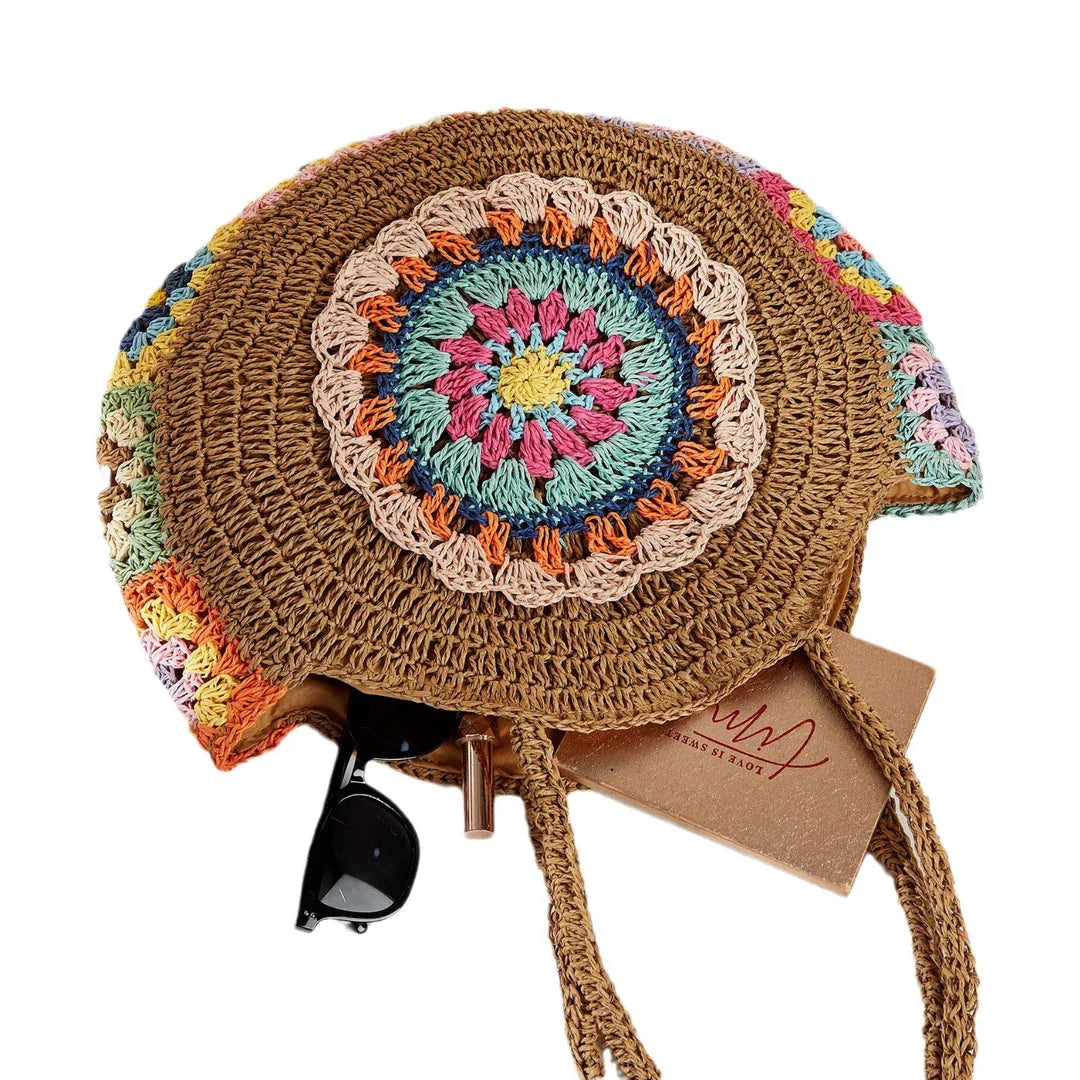 Colorful woven casual beach shoulder bag with unique crochet design and vibrant stripes