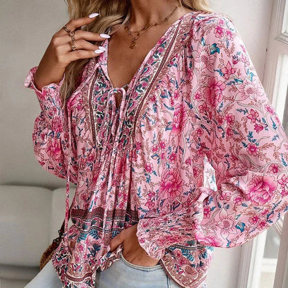 Bohemian V-Neck Long Sleeve Top featuring a classic paisley pattern, soft cotton-poly blend fabric, and flattering v-neck design