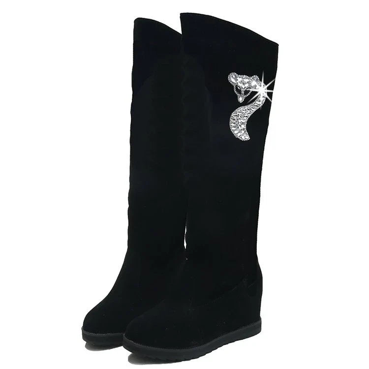 Stylish suede leather women's boots with rhinestone embellishments, featuring a heightening design for a flattering, elongated silhouette