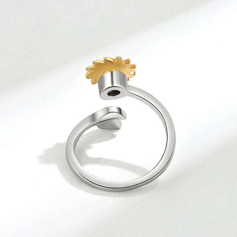 Sunflower-inspired adjustable ring made from premium silver with an electroplated finish