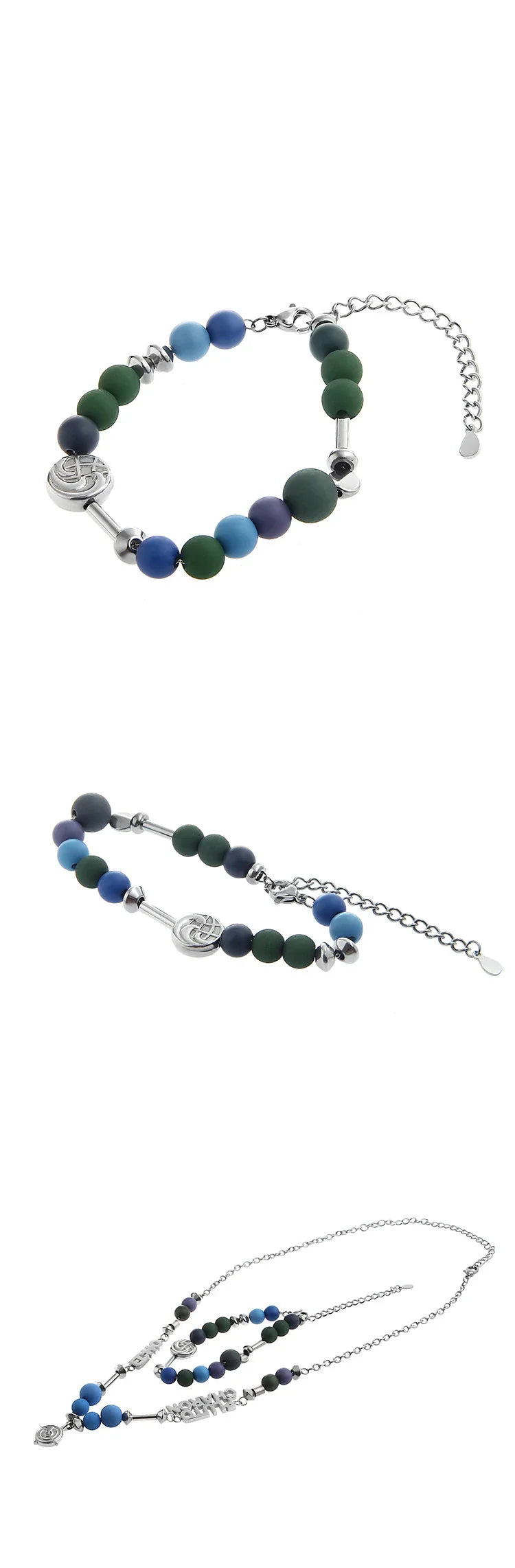 Stylish titanium steel bead bracelet with a vibrant blue patchwork design, a fashionable accessory for Kiwi women