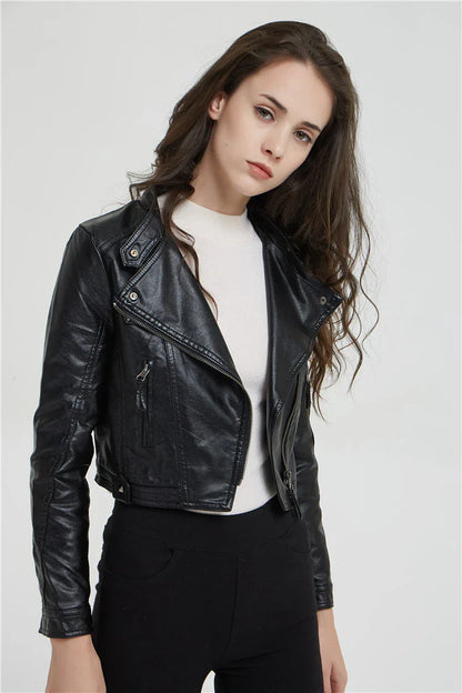 Stylish women's short jacket with washed leather and rivet detailing, perfect for elevating your street style in New Zealand fashion.