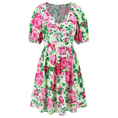 Floral print Y2K summer beach dress with lantern sleeves, v-neck, and stretchy waistline