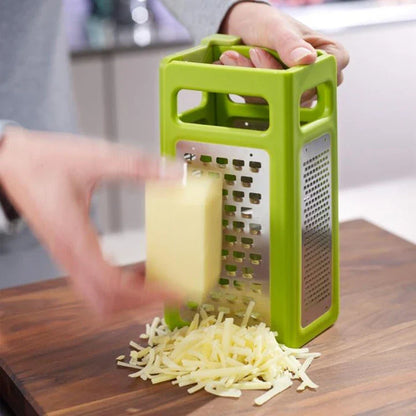 Premium stainless steel foldable cheese grater with ergonomic rubber handle for easy grating, slicing, and shredding of cheese, vegetables, and more