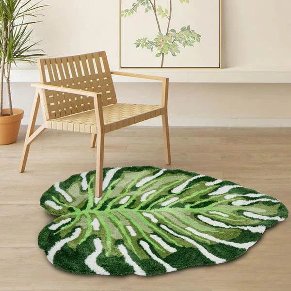 Tropical Monstera Leaf Tufted Rug with unique irregular leaf design and soft, comfortable texture