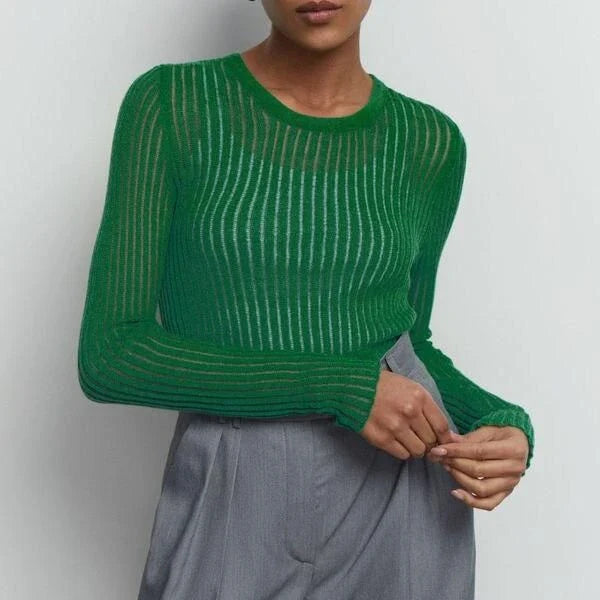 Stylish striped long sleeve see-through blouse in green, perfect for Kiwi women's casual and dressy occasions